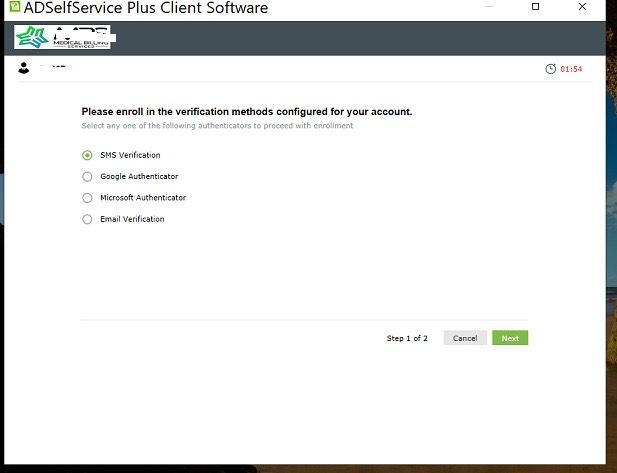 Multi-factor authentication enrollment screen listing SMS Verification, Google Authenticator, Microsoft Authenticator, and Email Verification options.